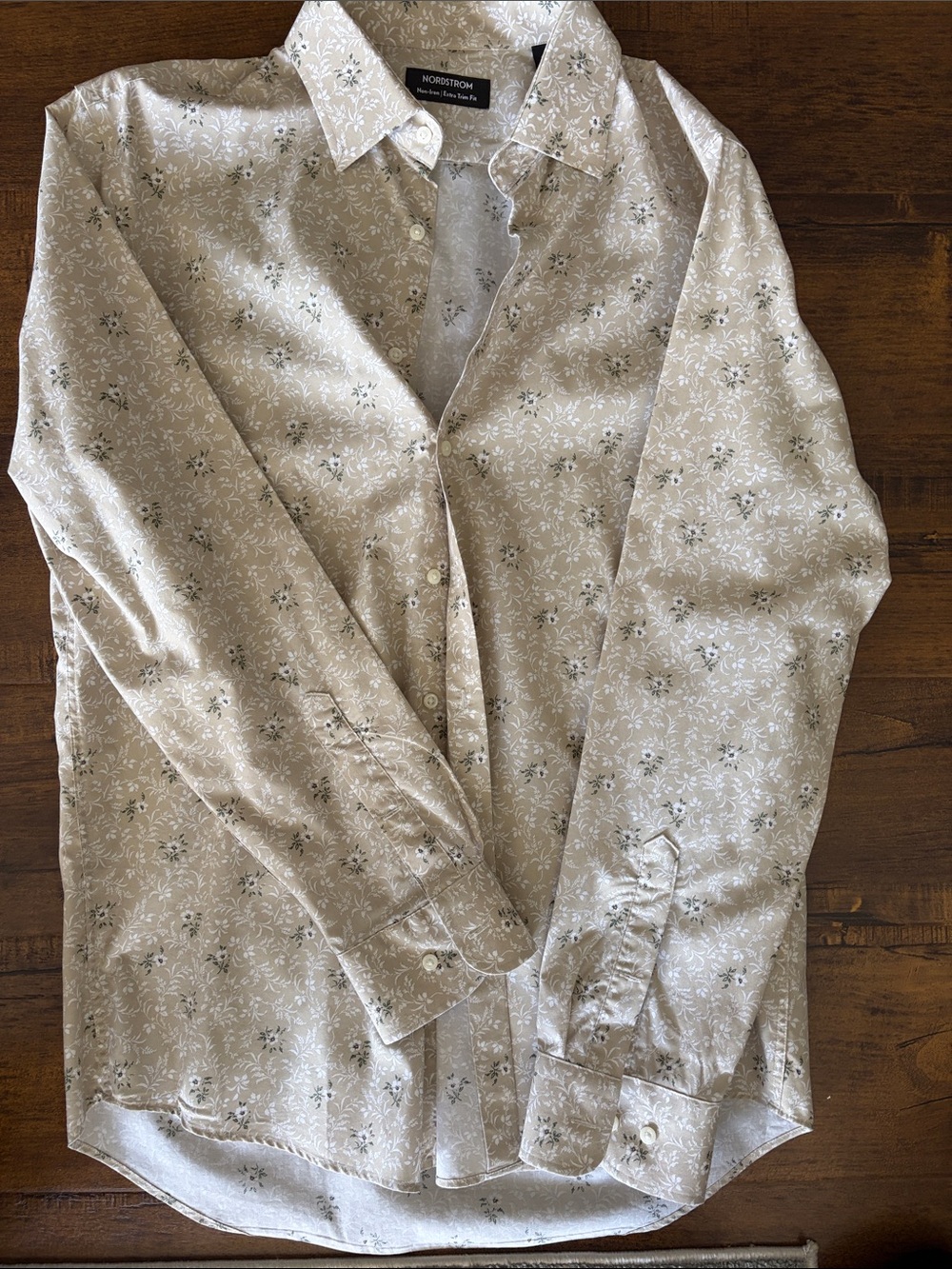 Nordstrom Beige Floral Button-Up Shirt with Olive Accents